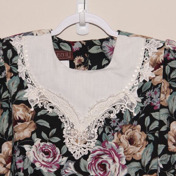 Vintage Lisa II 80s Lace Collar Floral Dress Size 14 Puff Sleeve - Picture 2 of 8